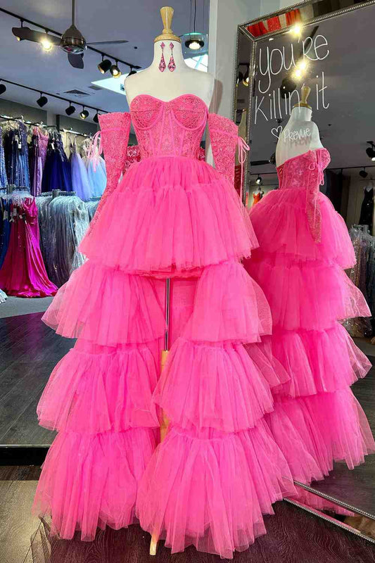 Sue | Hot Pink Off-Shoulder A-line Tulle Layers Applique Hi-Low Prom Dress