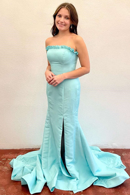 Denver | Strapless Maganta Ruffle Mermaid Slit Long Prom Dress