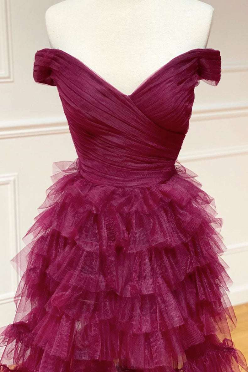 Fallon | Off the Shoulder Dark Berry Pleated Sheer Tiered Prom Dress