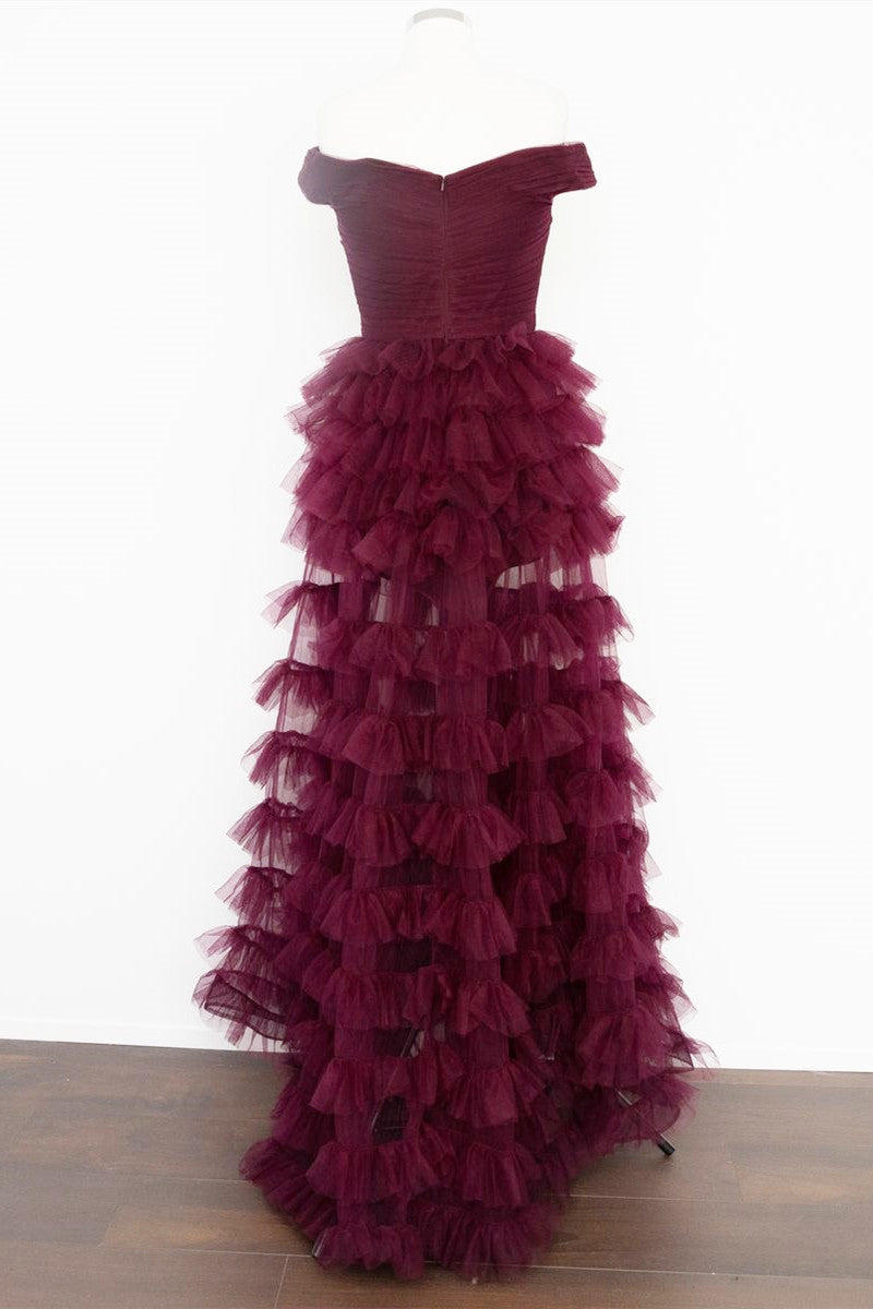 Fallon | Off the Shoulder Dark Berry Pleated Sheer Tiered Prom Dress