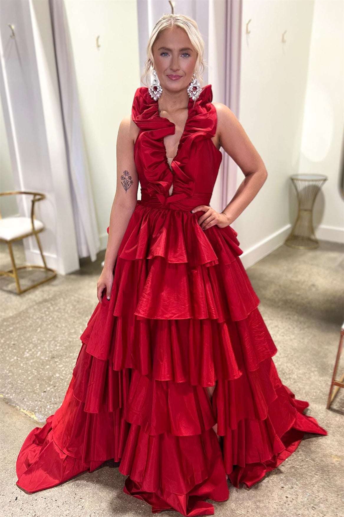 Flora | Halter Red Ruffle Tiered A-Line Prom Dress