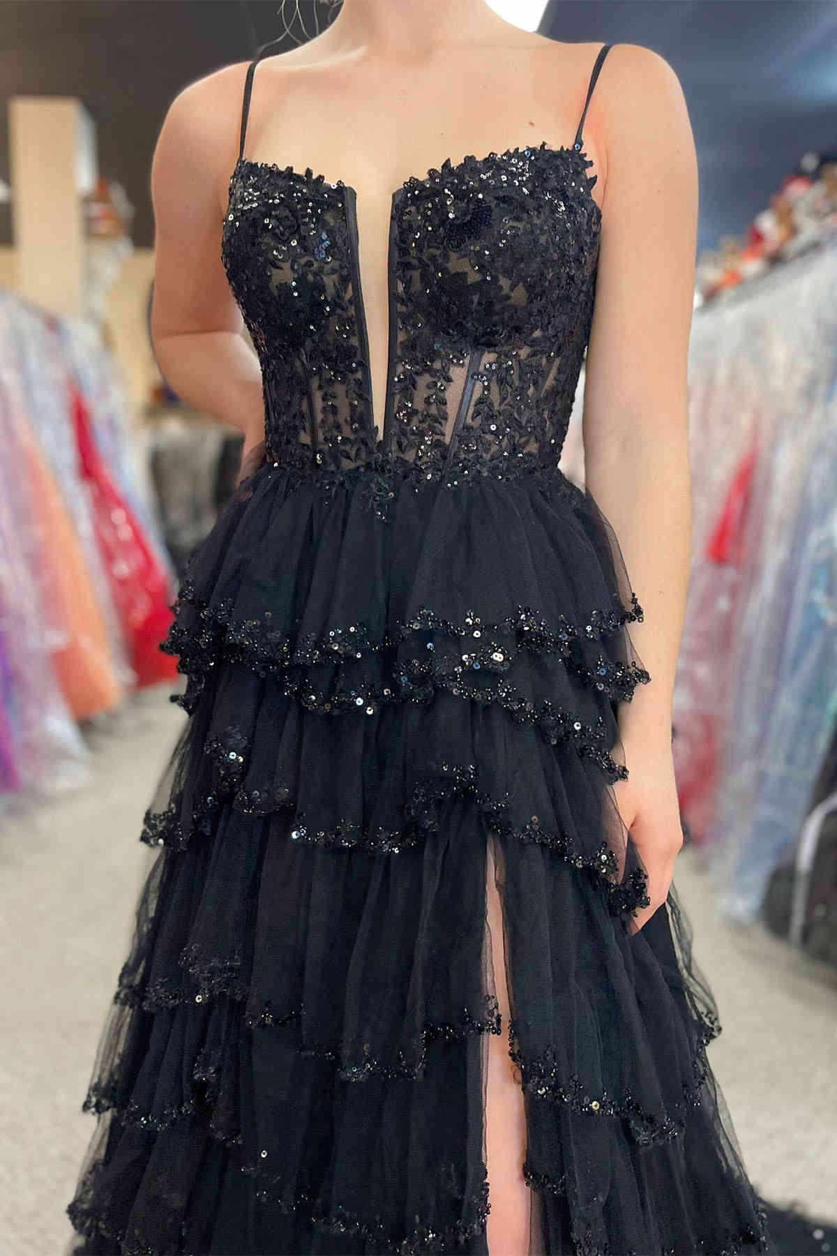 Abbie | Straps Black Mesh Cutout Sequined Layered Long Prom Dress