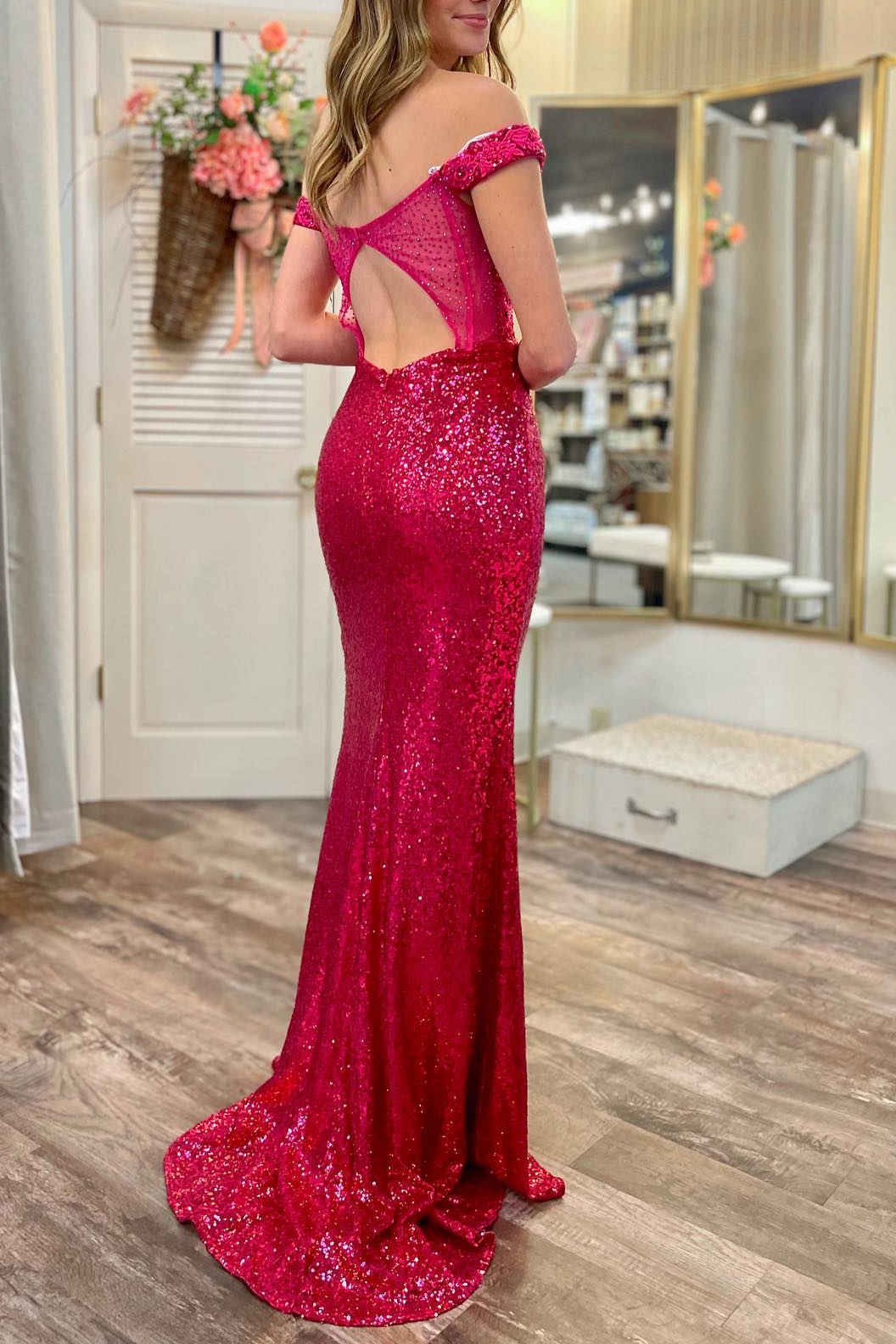 Amy | Mermaid Off the Shoulder Magenta Sequin Prom Dress with Appliques