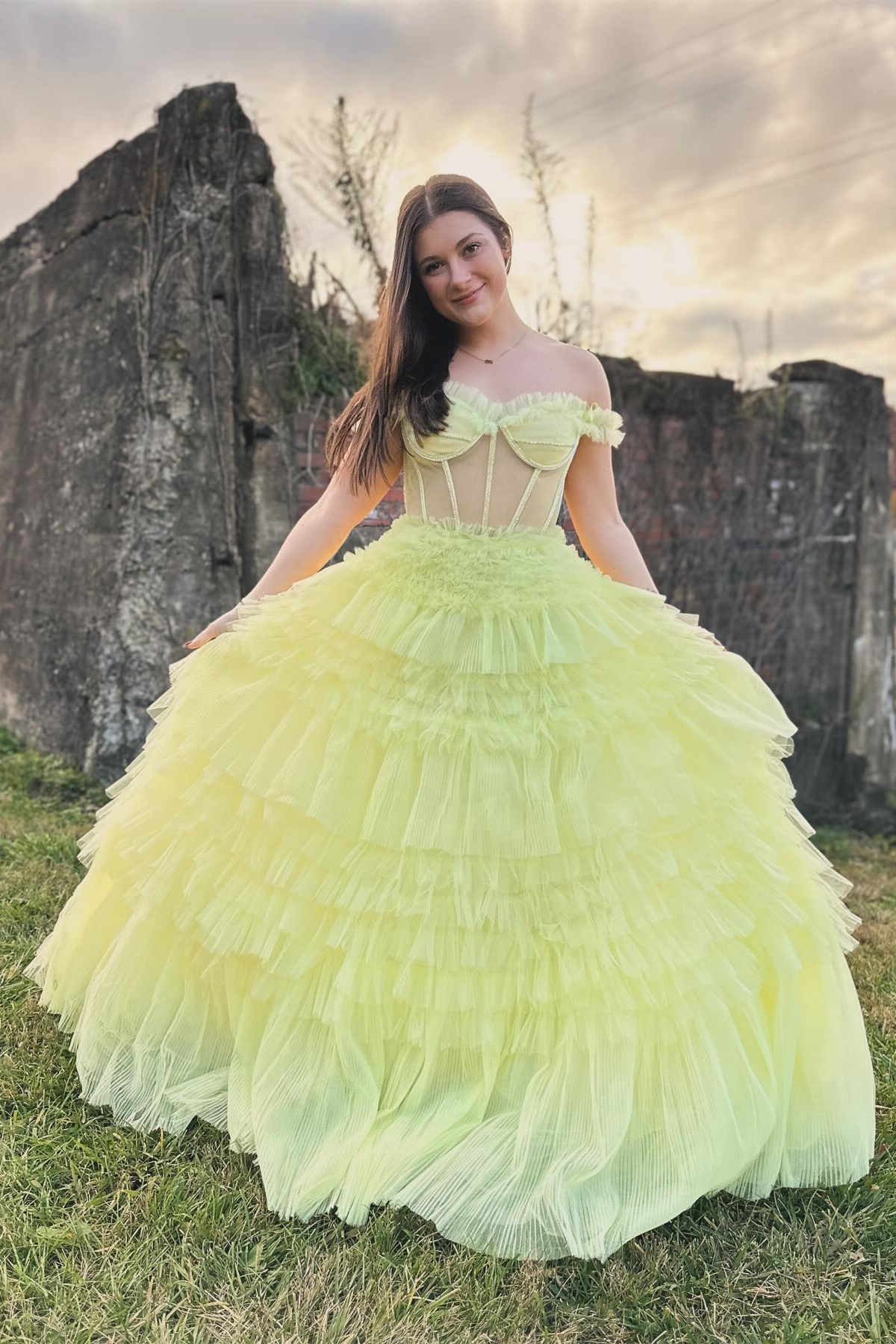 Martina | Off the Shoulder Light Yellow Ruffle Layered Prom Dress