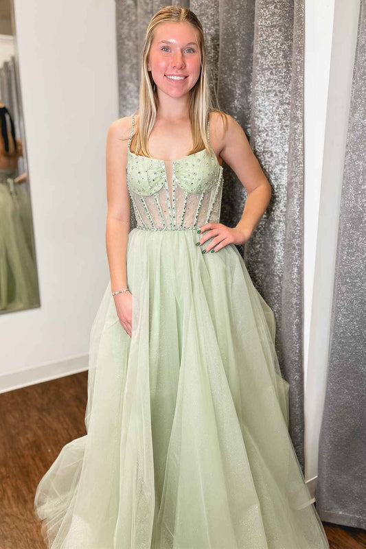 Madeline | Sage Green Straps Sequin Beaded A-Line Tulle Prom Dress