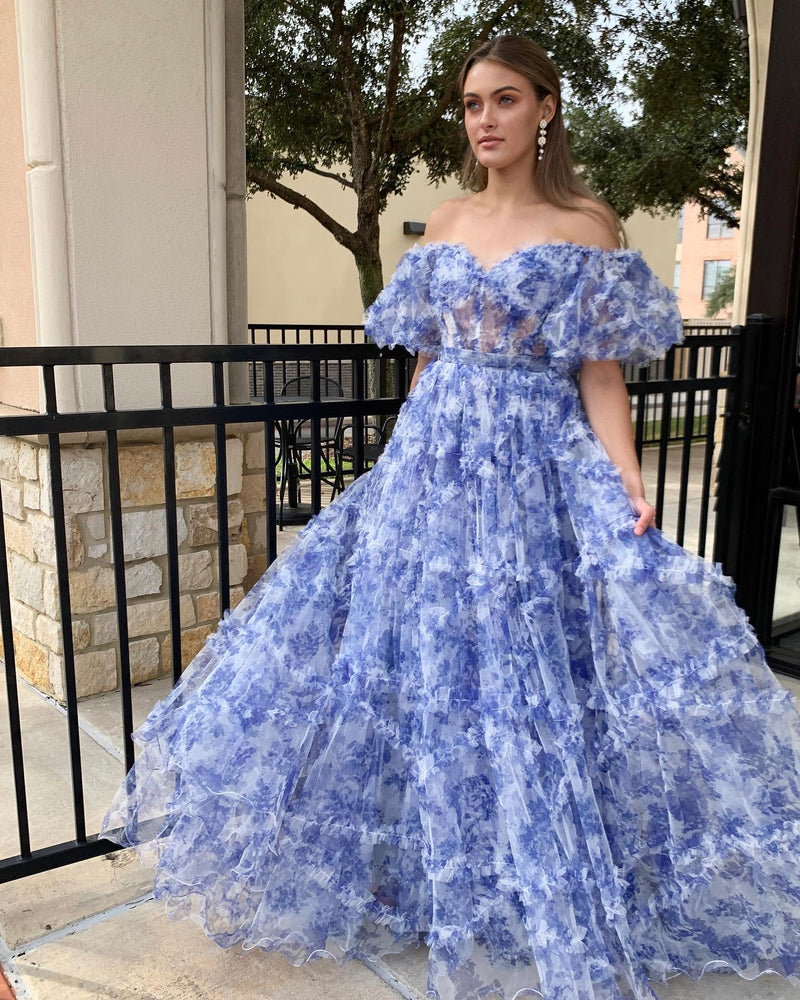 Sydney |A Line Off The Shoulder Floral Tulle Prom Dress