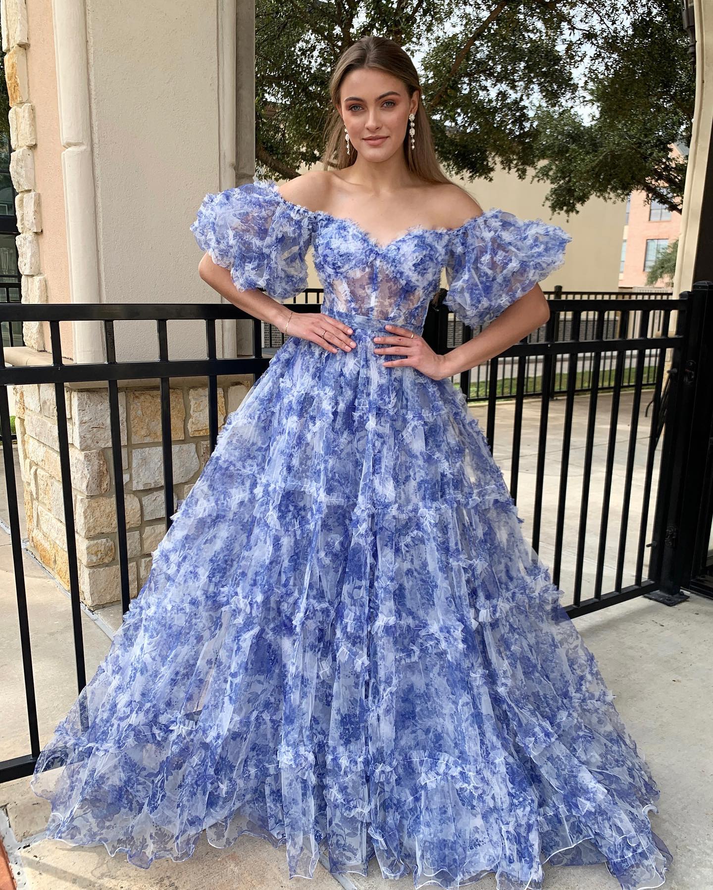 Sydney| Off the Shoulder Blue Floral Print Ruffled Tulle Prom Dress