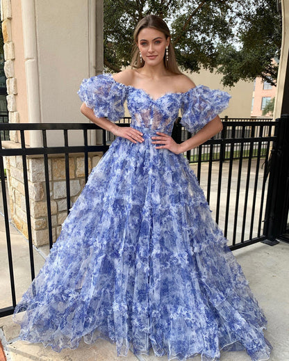 Sydney |A Line Off The Shoulder Floral Tulle Prom Dress