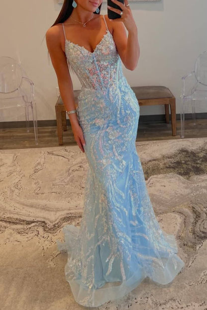 Margaret | Straps Light Blue V-Neck Sequin Appliques Mermaid Prom Dress