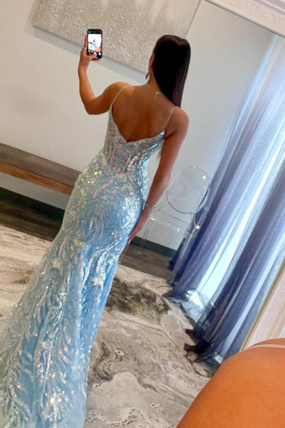 Margaret | Straps Light Blue V-Neck Sequin Appliques Mermaid Prom Dress