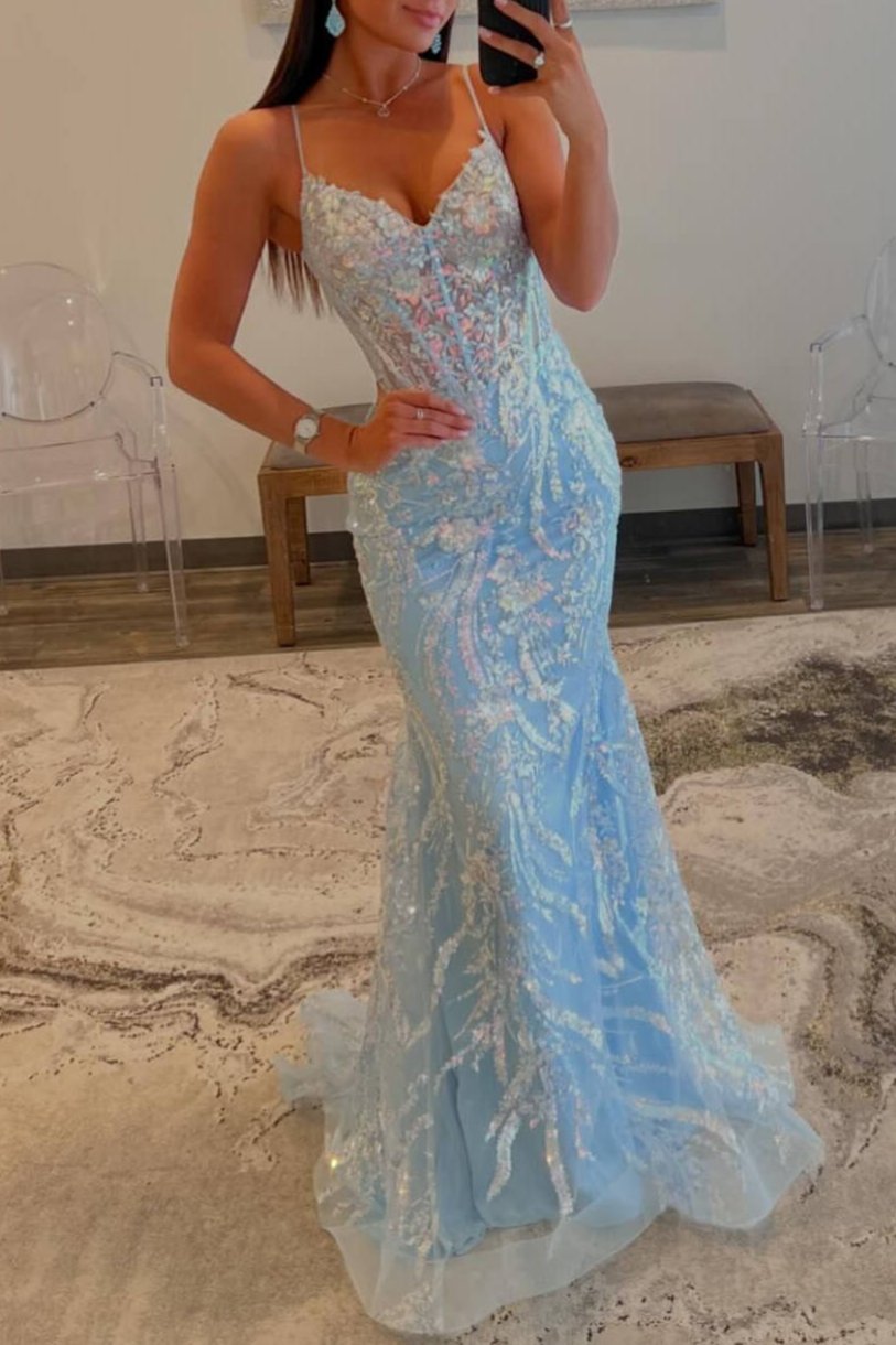 Margaret | Straps Light Blue V-Neck Sequin Appliques Mermaid Prom Dress