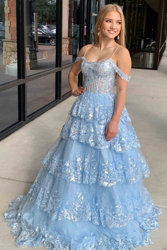 Maureen | Tulle Sequin Cold-Shoulder Ruffle Tiered Long Prom Dress