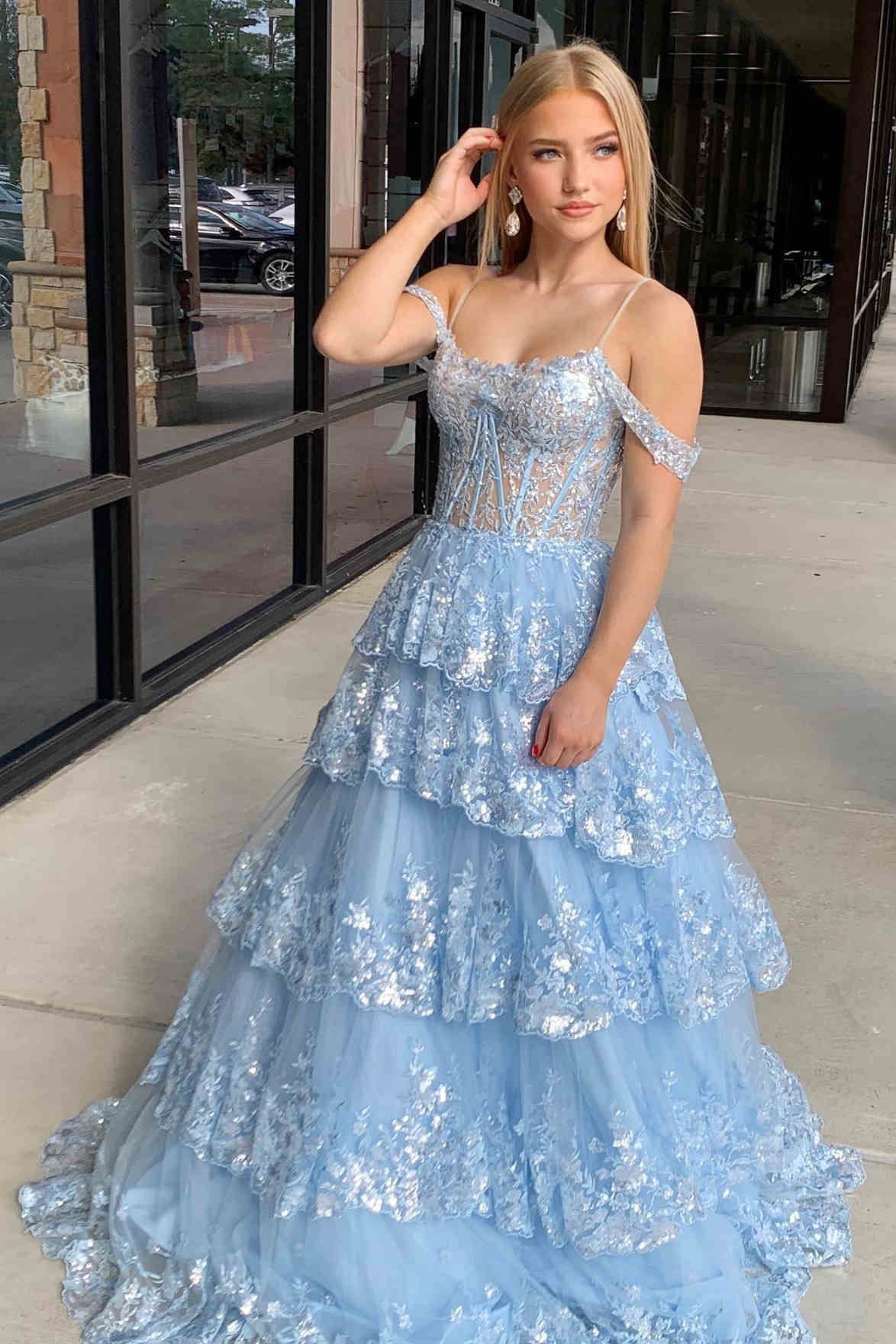 Maureen | Tulle Sequin Cold-Shoulder Ruffle Tiered Long Prom Dress