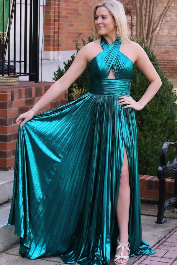 Peacock Blue Halter Neck A-Line Long Prom Dress With Split