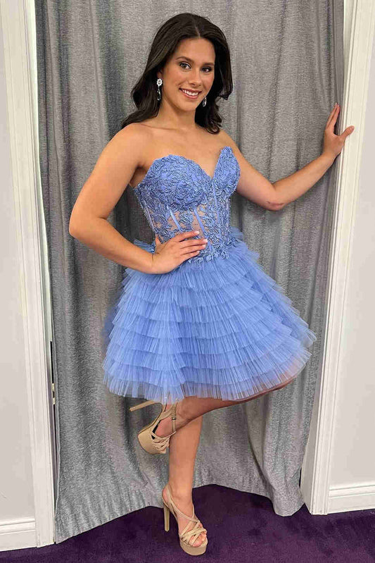 Dorella | Sweetheart Periwinkle Corset Ruffle Homecoming Dress with Appliques