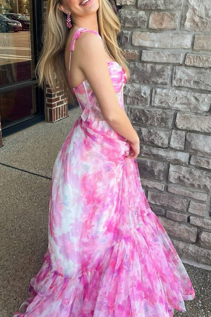 Palmer | Pink Floral Print Corset A-Line Long Prom Dress with Bow Tie Straps