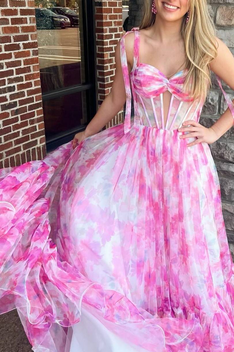 Palmer | Pink Floral Print Corset A-Line Long Prom Dress with Bow Tie Straps