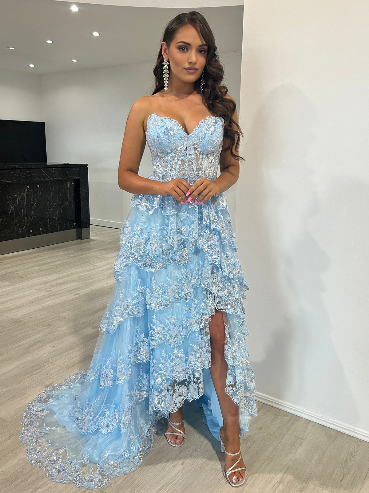 Garnet|Light Blue Strapless Ruffle Tiered Long Prom Dress with Slit