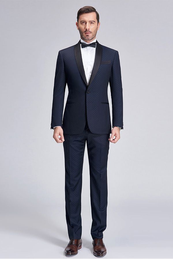 Gentle Blue Dots Shawl Lapel Wedding Tuxedos Dark Navy Wedding Suits for Men