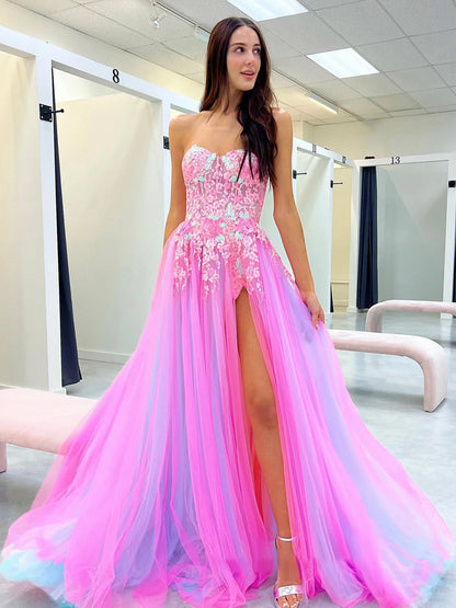 Georgia | A-line Sweetheart Applique Lace Long Prom Dress with Slit