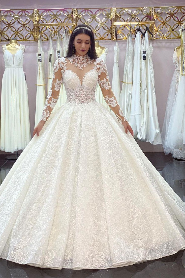 Glamorous Long Sleeves Lace Princess Wedding Dress Ball Gown High Neck