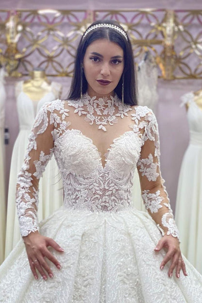 Glamorous Long Sleeves Lace Princess Wedding Dress Ball Gown High Neck