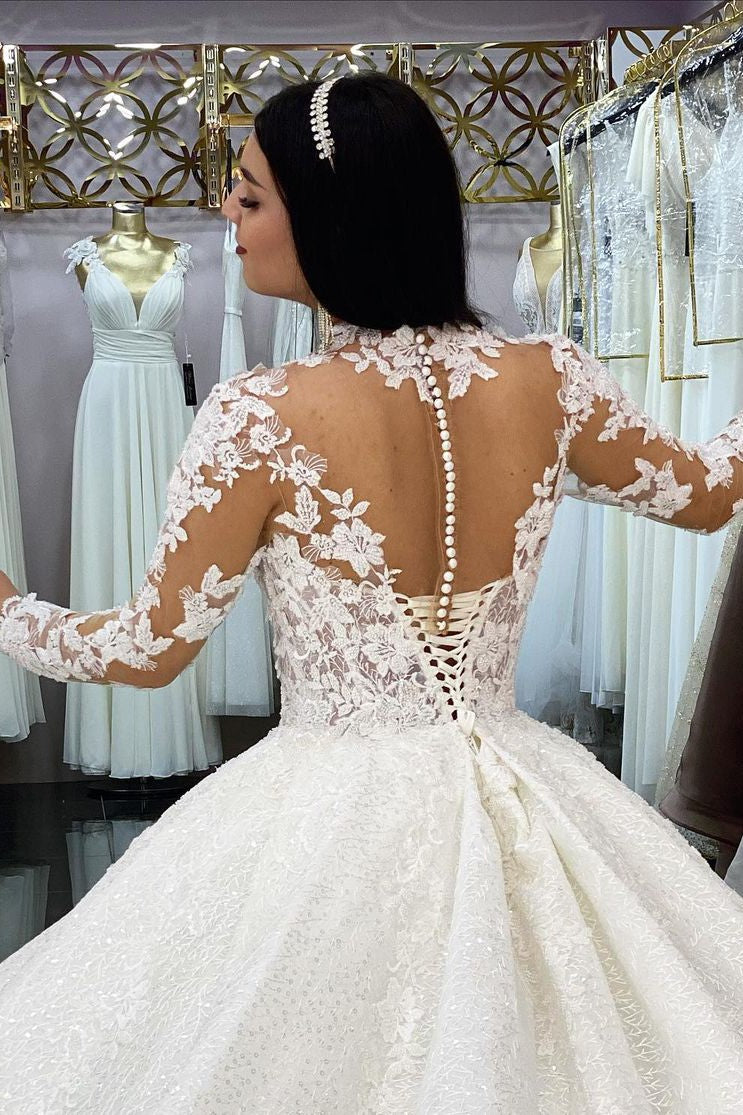 Glamorous Long Sleeves Lace Princess Wedding Dress Ball Gown High Neck