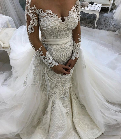 Glamorous Long Sleeves Lace Tulle Wedding Dresses New Arrival Ruffless Mermaid Bridal Gowns