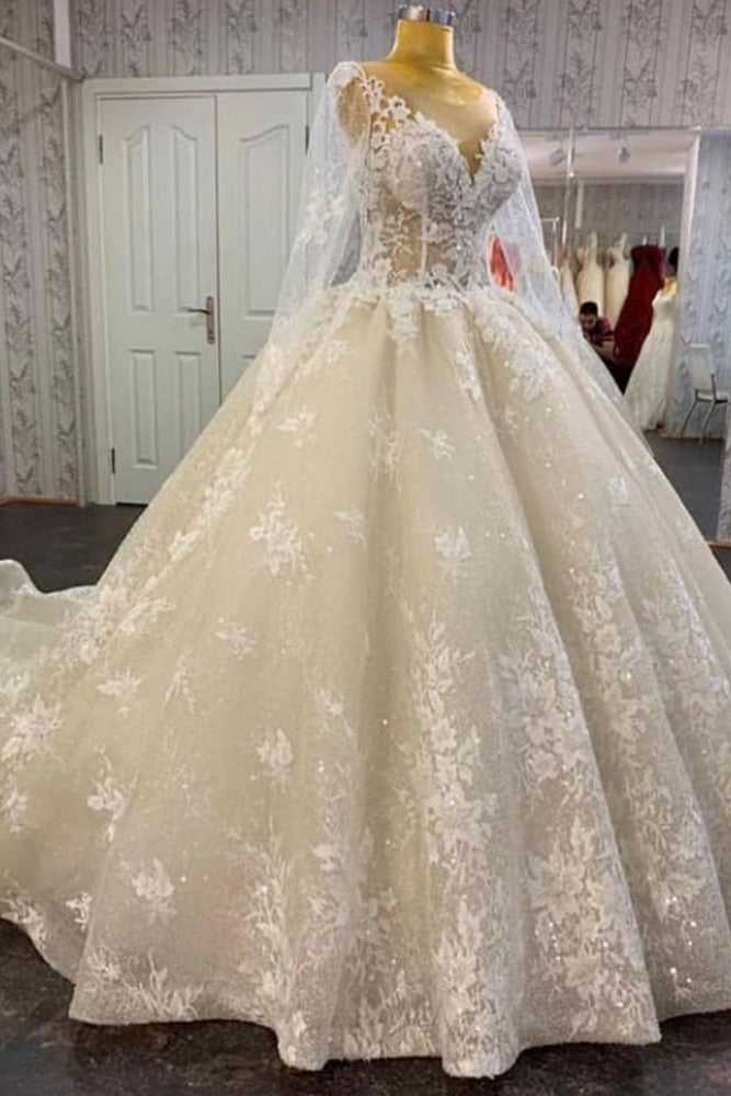 Glamorous Long Sleevess Lace A line Bridal Gown Pirncess Wedding Dress