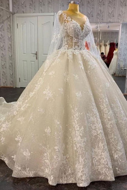 Glamorous Long Sleevess Lace A line Bridal Gown Pirncess Wedding Dress