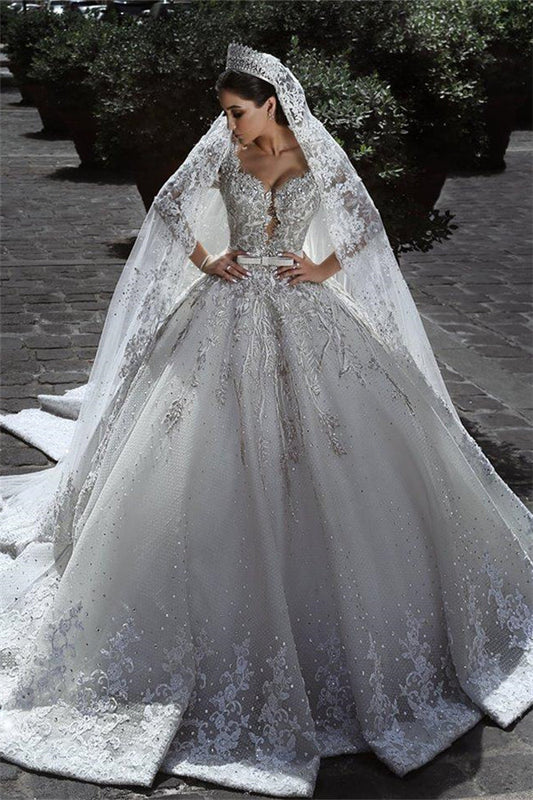 Glamorous Long Sleevess Tulle Appliques Wedding Dresses Crystal Bridal Ball Gowns with Bow