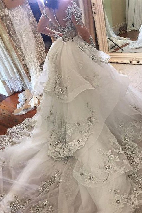 Glamorous Long Sleevess Tulle High Neck Bridal Gowns Appliques Wedding Dresses with Detachable Overskirt