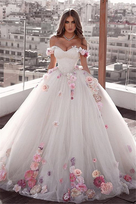 Glamorous Off The Shoulder Flower Ball Gown Wedding Dresses