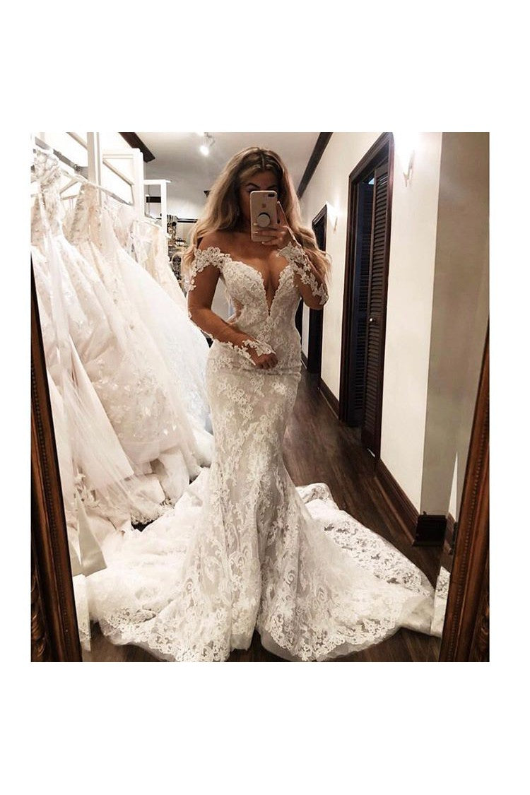 Glamorous Off the Shoulder Long Sleevess V Neck Appliques Mermaid Floor Length Wedding Dresses