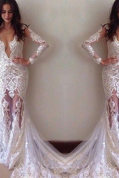 Glamorous Sheath Long Sleeves Lace Appliques Modern Wedding Dress