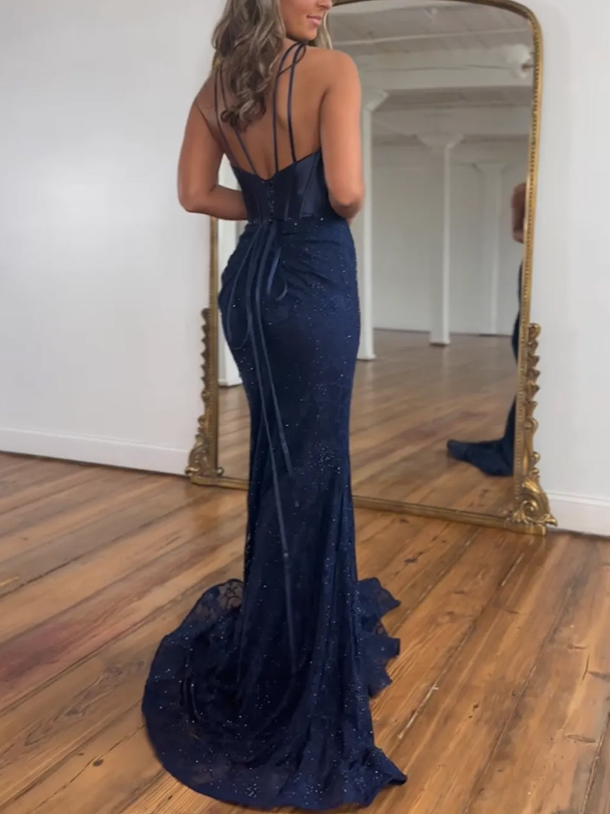 Glitter Navy Mermaid Sweep Train Prom Dress With Slit