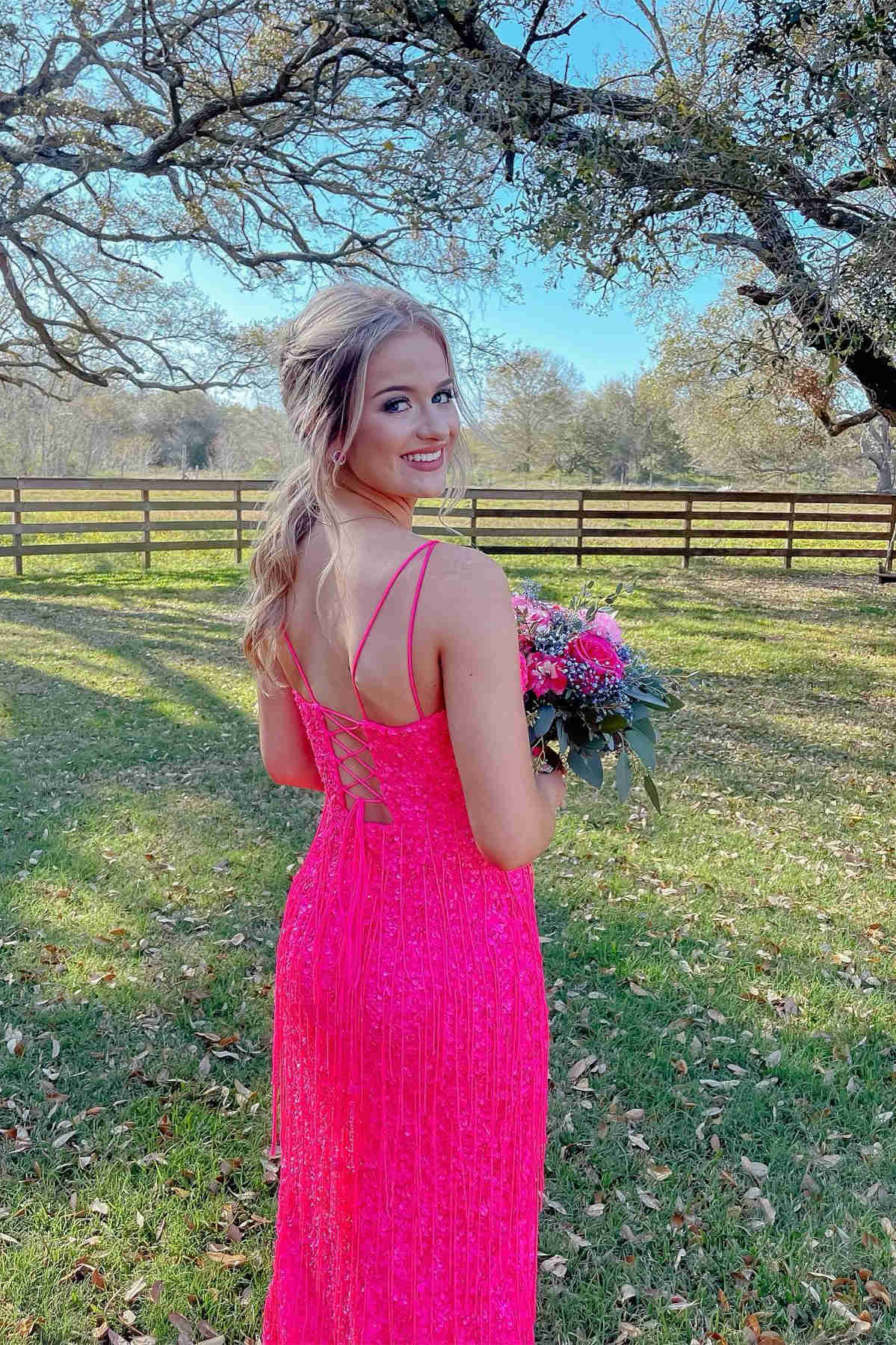 Glitter Red V-Neck Long Prom Dress with Tassel