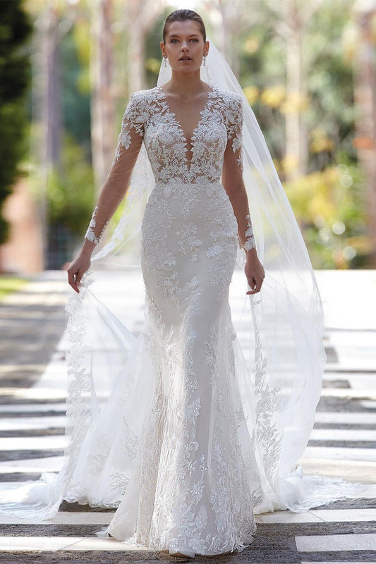 Glorious V-Neck Mermaid Appliques Long Sleeves Wedding Dresses Lace Appliques