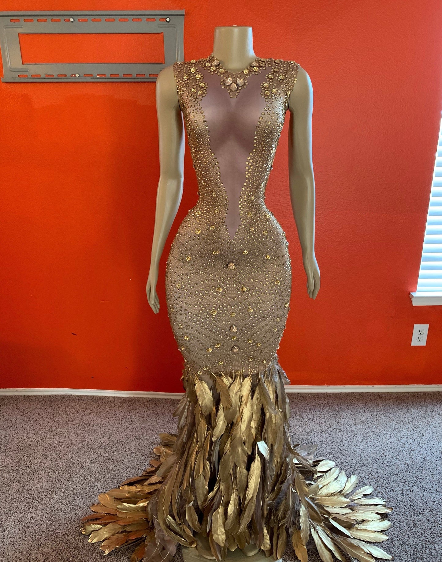 Golden Gal Rhinestone Feather Dress