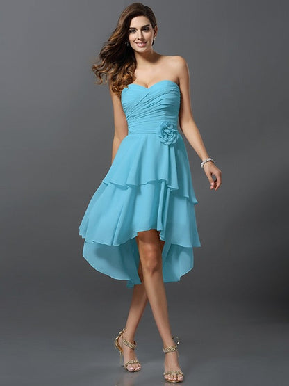 Gorgeous Sweetheart Hand-Made Flower Sleeveless High Low Chiffon Bridesmaid Dresses