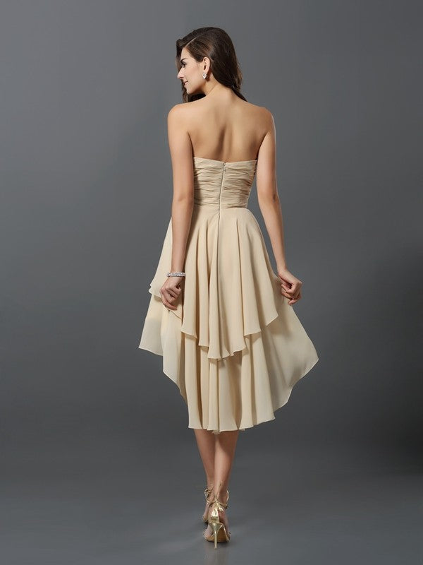 Gorgeous Sweetheart Hand-Made Flower Sleeveless High Low Chiffon Bridesmaid Dresses