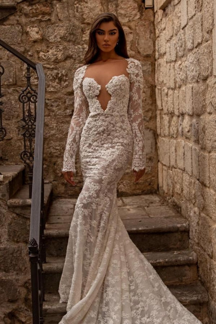 Gorgeous sweetheart longsleeves mermaid lace Wedding Dresses