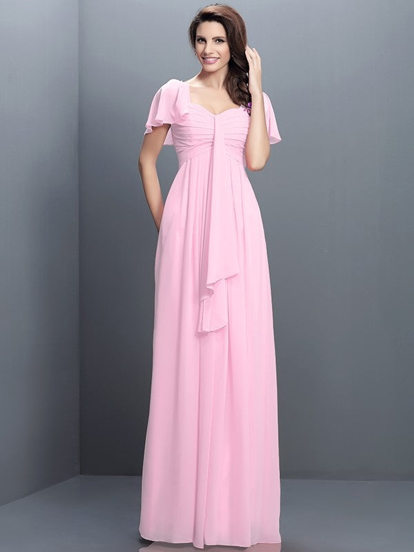 Gorgeous Sweetheart Pleats 1/2 Sleeves Long Chiffon Bridesmaid Dresses