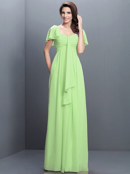 Gorgeous Sweetheart Pleats 1/2 Sleeves Long Chiffon Bridesmaid Dresses