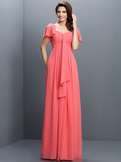 Gorgeous Sweetheart Pleats 1/2 Sleeves Long Chiffon Bridesmaid Dresses