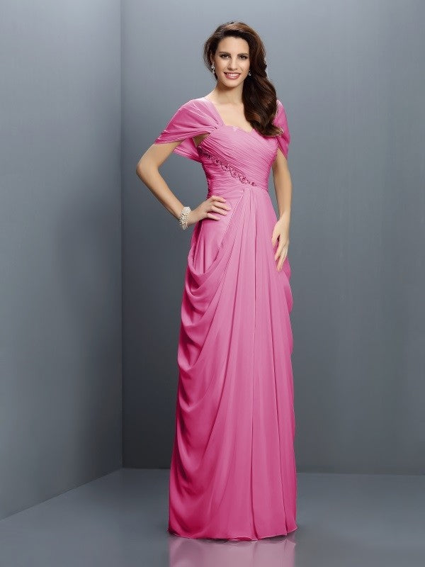 Gorgeous Sweetheart Pleats Short Sleeves Long Chiffon Bridesmaid Dresses