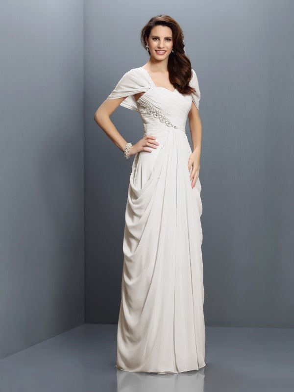 Gorgeous Sweetheart Pleats Short Sleeves Long Chiffon Bridesmaid Dresses