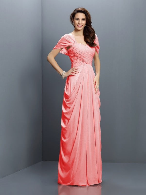 Gorgeous Sweetheart Pleats Short Sleeves Long Chiffon Bridesmaid Dresses