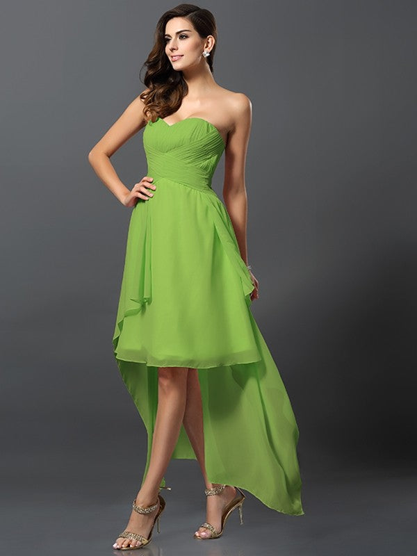 Gorgeous Sweetheart Pleats Sleeveless High Low Chiffon Bridesmaid Dresses