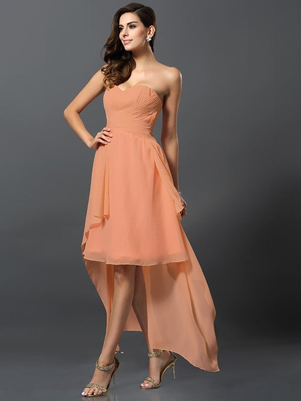 Gorgeous Sweetheart Pleats Sleeveless High Low Chiffon Bridesmaid Dresses